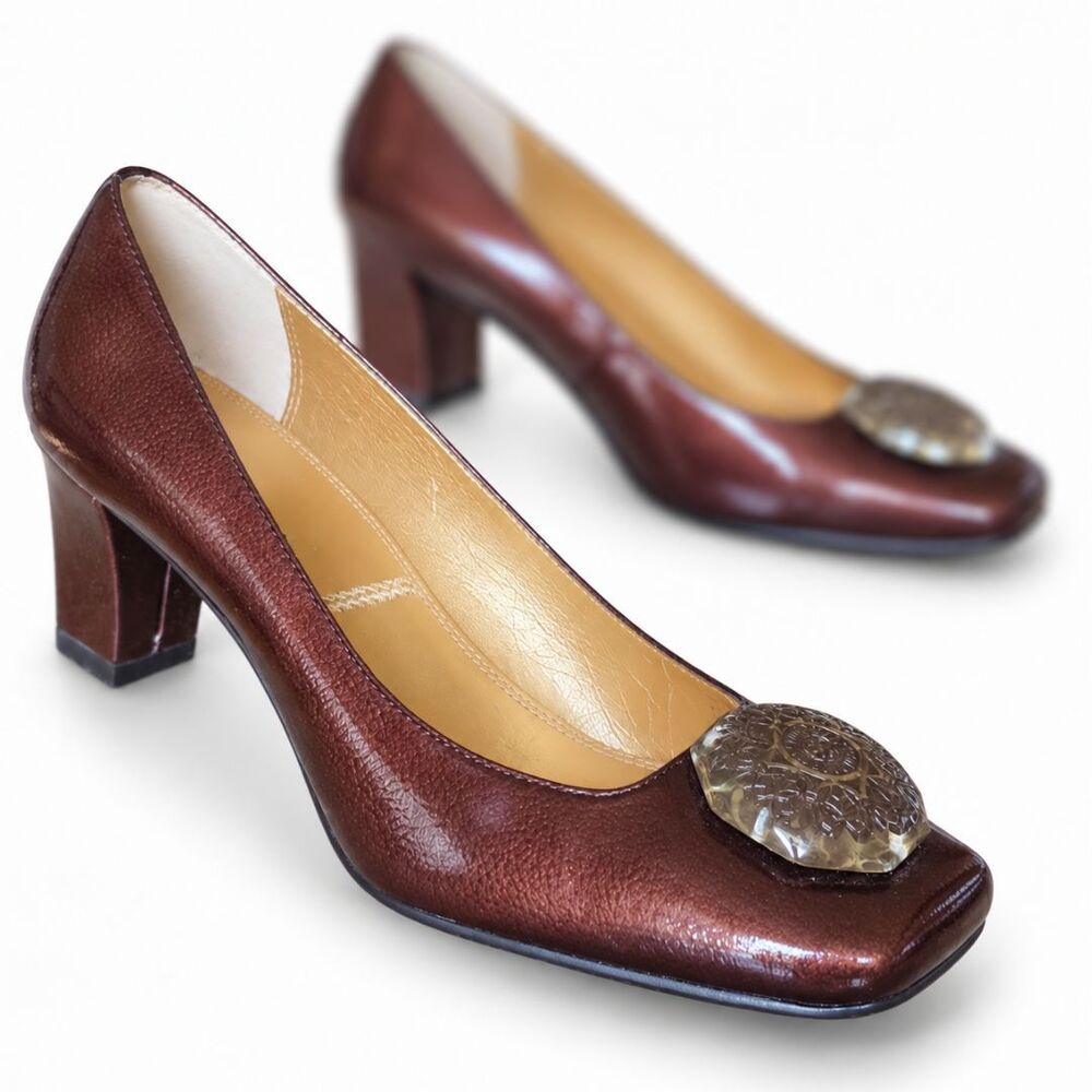 Tahari Womens Pumps 7.5 Brown Leather Metallic Medallion Block Heel Square Toe